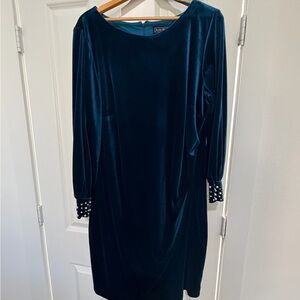 Jessica Howard Teal Velvet Long-Sleeve Dress with Pearl Cuffs